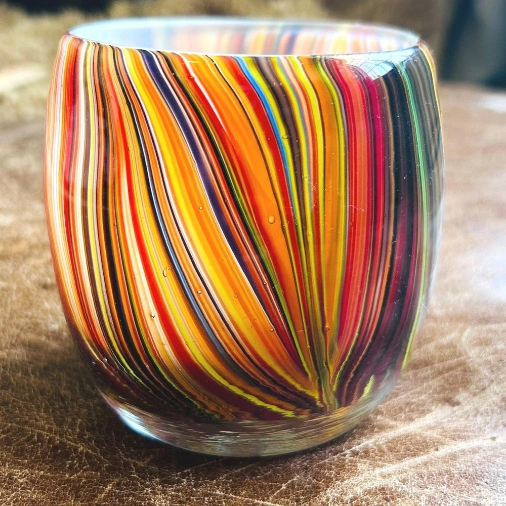 Hand Blown Art Glass Votive Candle Holder Multi Color Striped White Interior 3.5